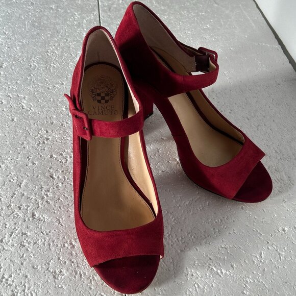 Vince Camuto SZ 10 Red Suede Peep Toe Mary Jane Heels Dressy Sexy Party Feminine - Picture 5 of 8